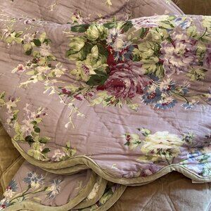 NWOT April Cornell purple floral throw with sage green velvet trim ~60" x 50"